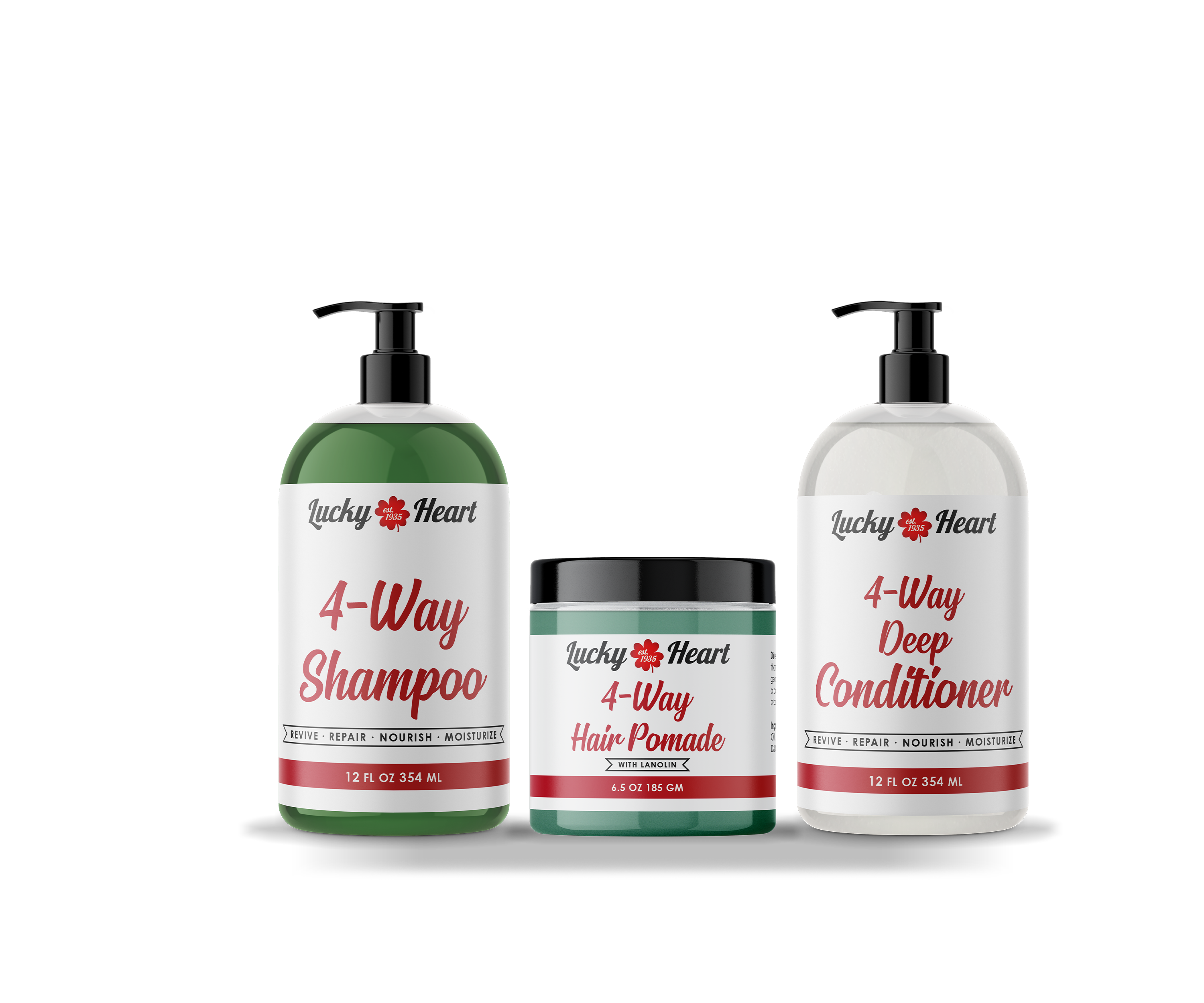 4-Way gift set featuring shampoo, deep conditioner, and 6.5 oz hair pomade by Lucky Heart Cosmetics