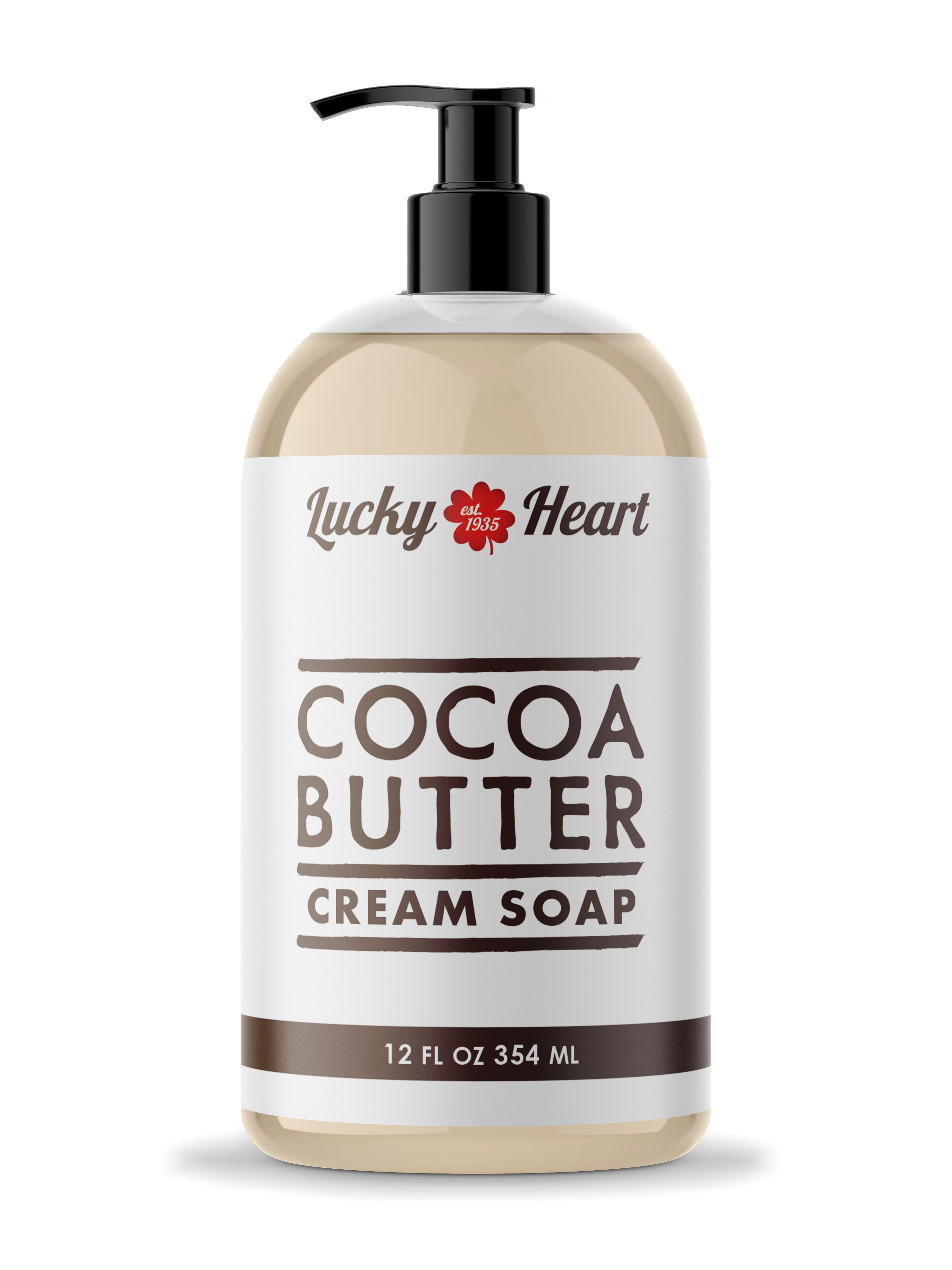 Lucky Heart Cocoa Butter Cream Soap in a 12 fl oz (354 ml) pump bottle with a white and brown label featuring bold typography and a red clover logo.