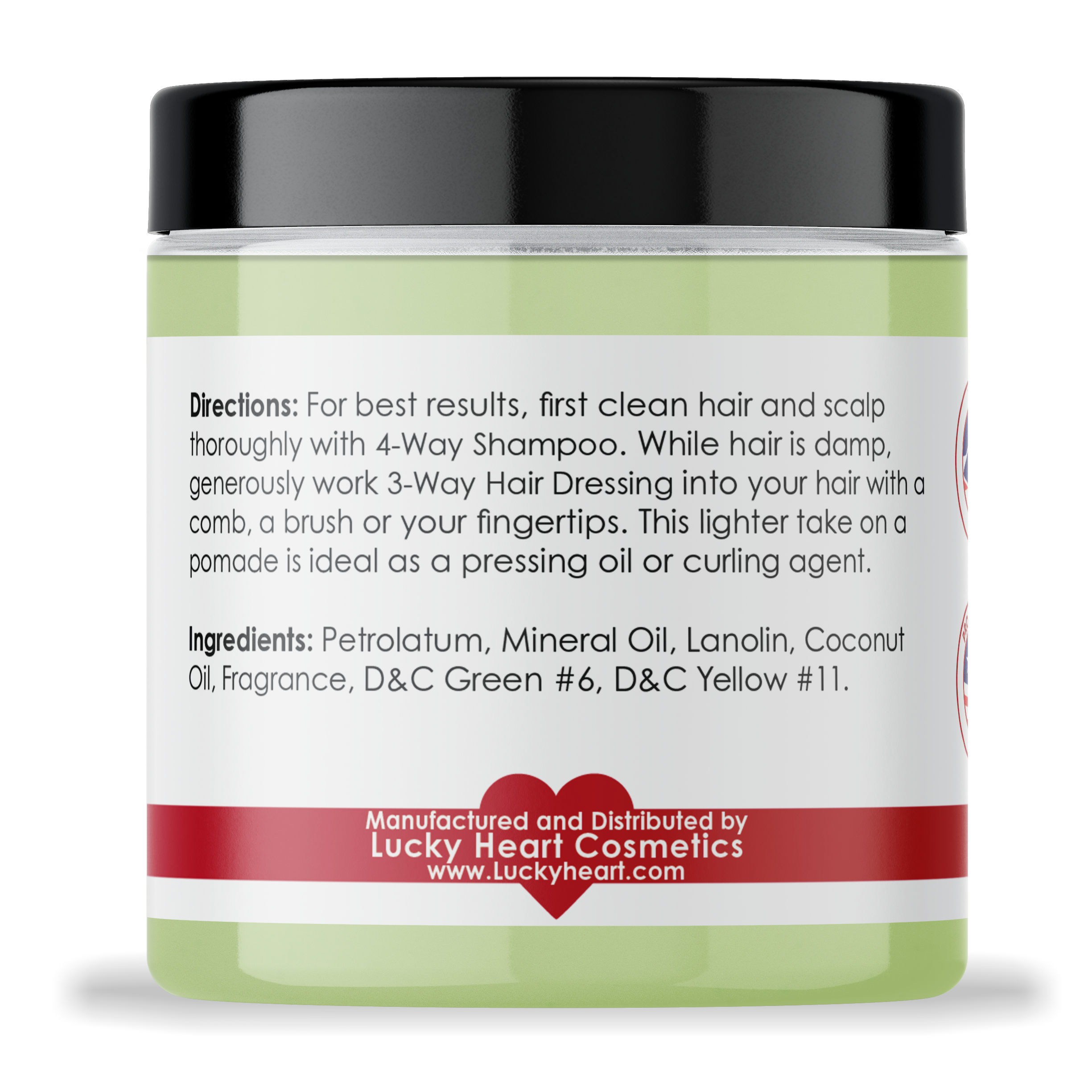 Back label of 3-Way Hair Dressing by Lucky Heart Cosmetics.