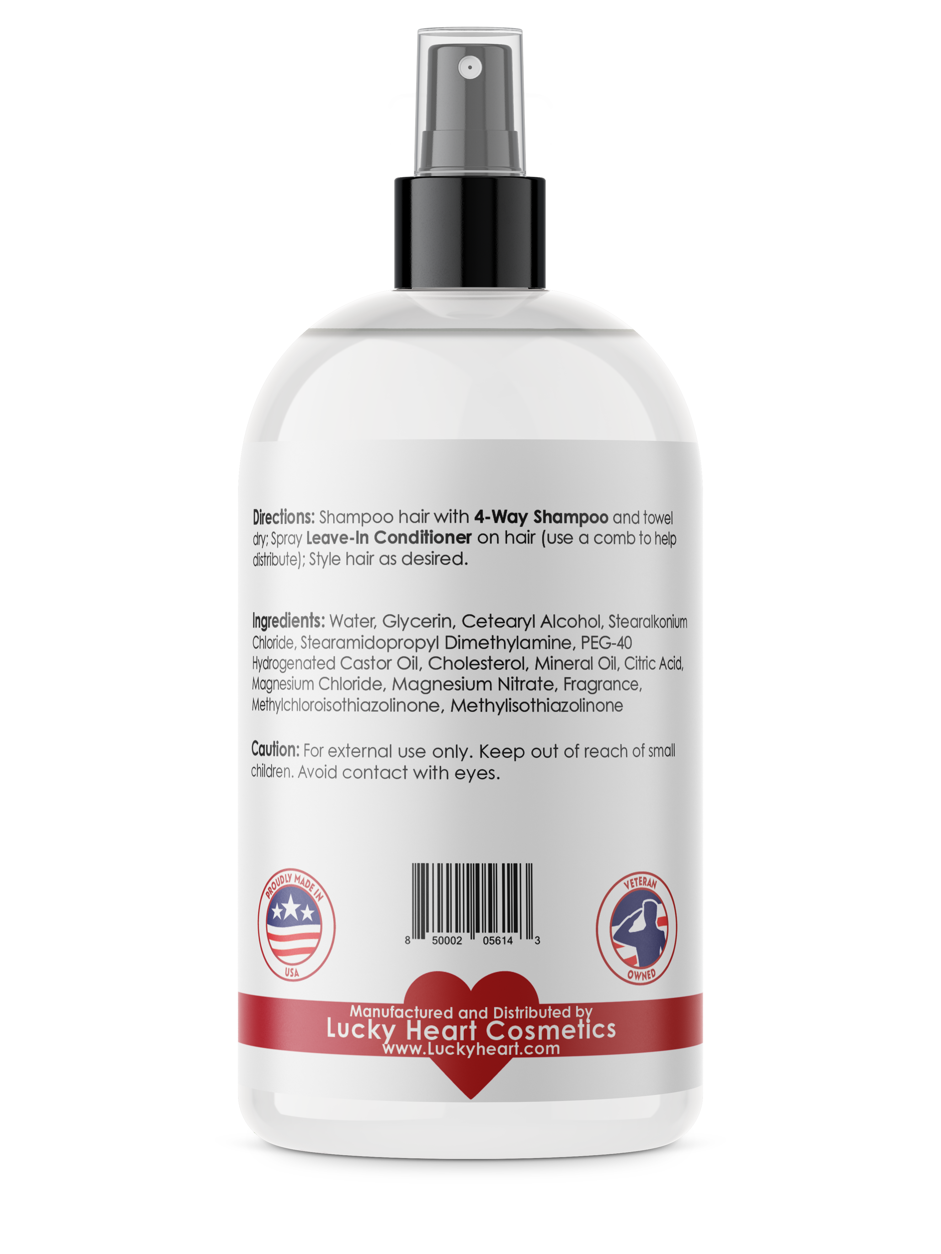 Label and ingredients and directions for use of leave-in conditioner.